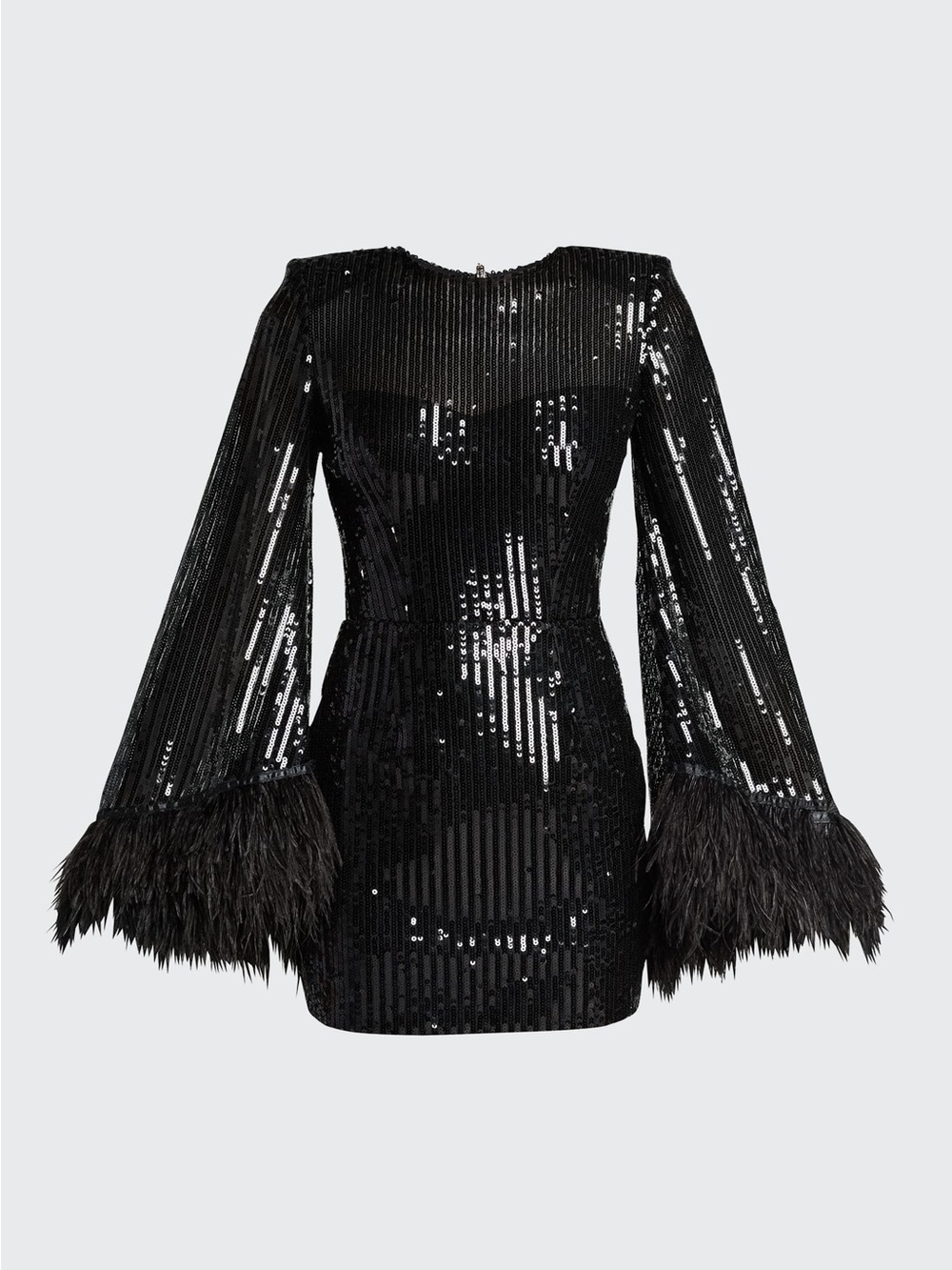 Bronx and Banco Black Sequin Long Sleeve Mini Dress with Feather Cuffs